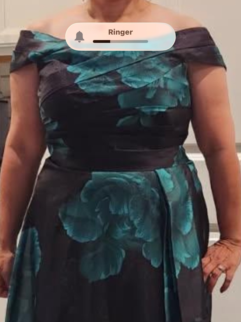 Tahari ASL Off-Shoulder Black Ball Gown with green  Floral Accents
